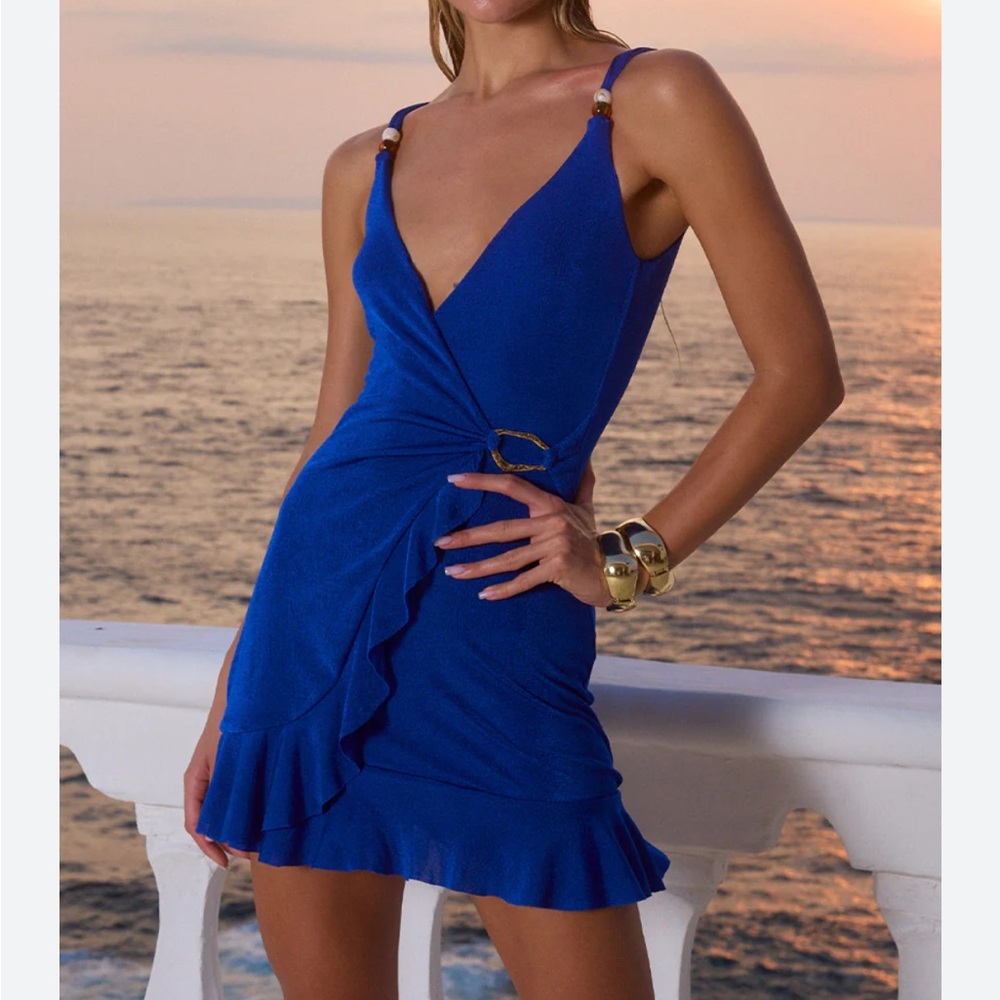 Elegant Blue Mini Dress with Gold Accents